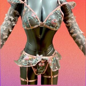 Sheer Butterfly Embroidered Lingerie Set in Pink